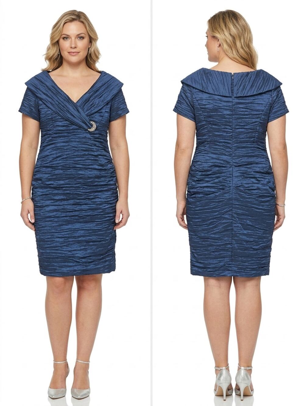 Alex Evenings Blue Ruched Portrait Collar Sheath Dress Women Size 16